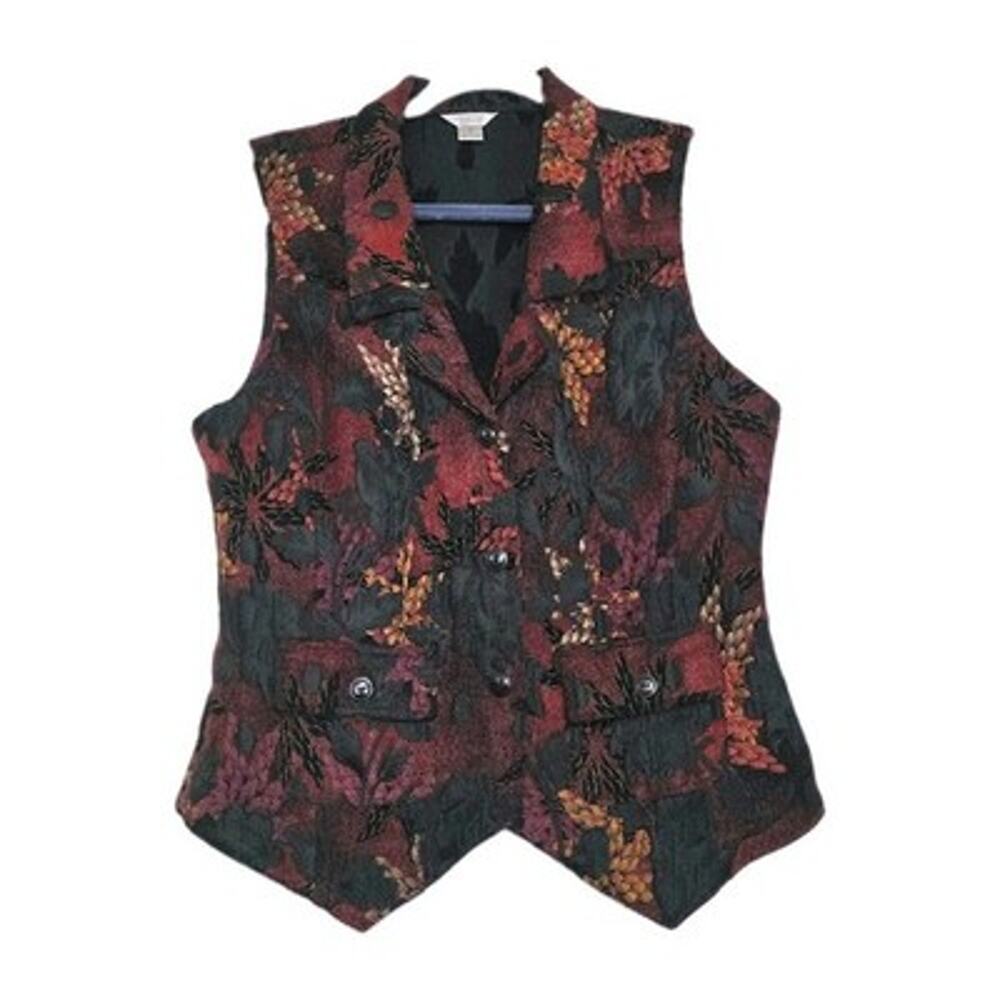 Vintage Tapestry Button Up Vest Womens M Red Fall Autumn Boho Hippie Artsy Goth